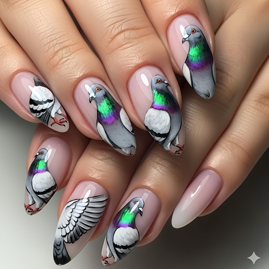 E-shop Handbemalte Taube Nagelkunst Aufkleber, Elegante Gradient Nude Falsche Nägel, Abnehmbare und Tragbare Fertige Nagelstücke