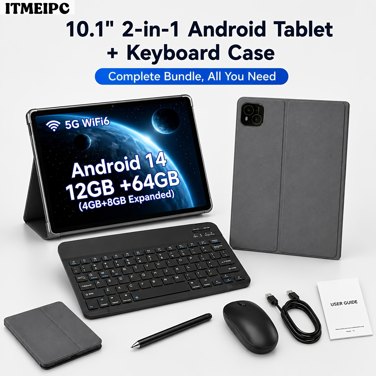 TEMU ITMPC Tablet 14 de 10.1 pulgadas con Teclado, 12GB RAM + 64GB ROM, Tablet en 1 con Ratón y Lápiz Óptico, WiFi, Cámara Dual, Tablet Portátil para