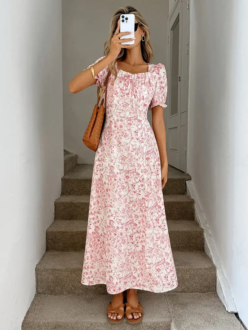 square neck short sleeve ruched floral midi dress Floral Mesh Square Neck Ruched Midi Dress