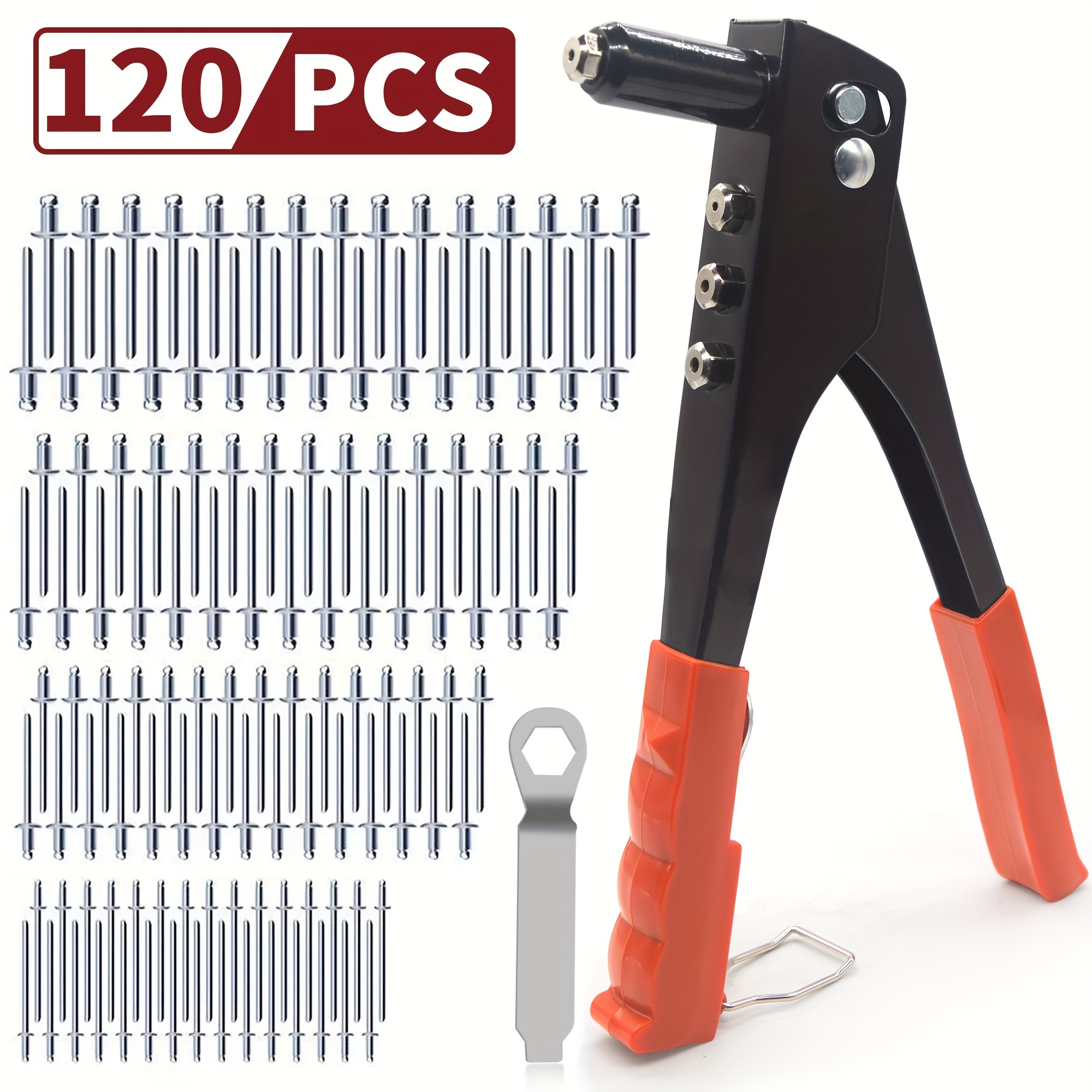 

Heavy Duty Hand , Rivet Gun, 3/32"-1/8"-5/32"-3/16", 4 Nosepieces Set Includes 120pcs Rivets, Durable And Suitable For Metal, Plastic And Leather