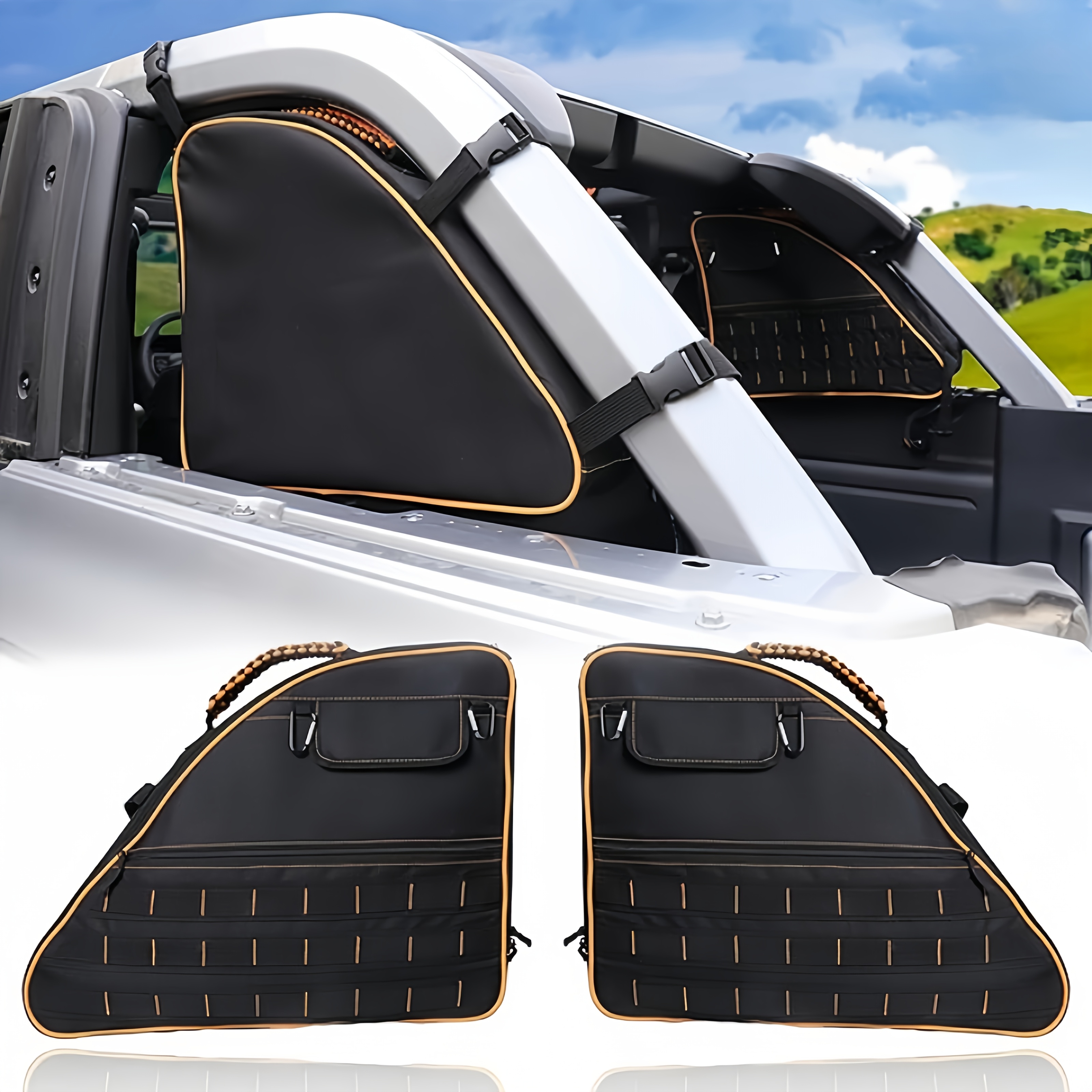 TEMU 2pcs Oxford Cloth Rear Trunk Roll Bar Storage Bags For 2021-2025 For Ford , 4-door Interior Accessories, Cargo Cage Saddlebag Tool Kit Holder,