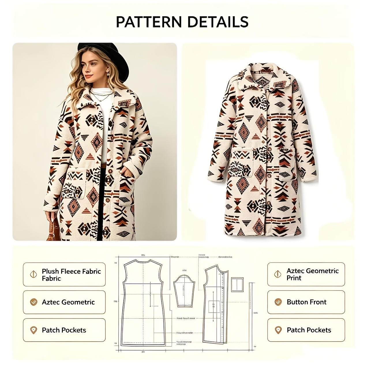 TEMU Veste chaude décontractée à imprimé, à motif aztèque avec col, ample, mi-longue, modèle de couture à faire soi-même