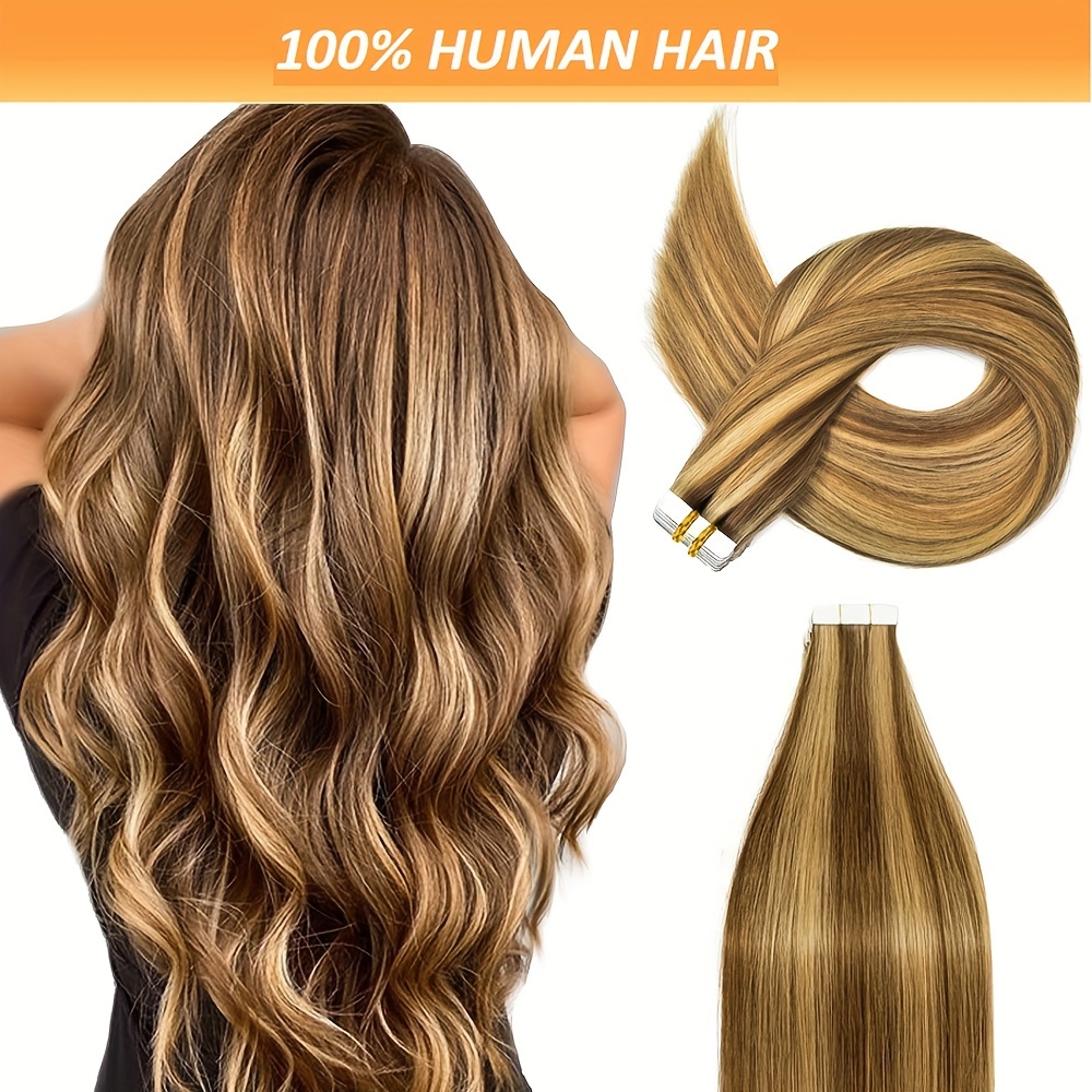 

20pcs Double Sided Tape-in Hair Extensions - 100% Real Human Hair, Rooted Dark Brown To Chestnut Highlights, Seamless Weft, Lustrous, Thick Ends, Long-lasting Adhesive - For Women Suitable For All