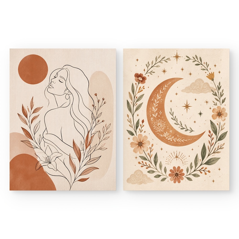 TEMU Art Mural Portrait de Femme Bohème 2D Plat, 2 Pièces, Convient pour Chambre à Coucher, Affiches Bohèmes Beige avec , Branches Florales et