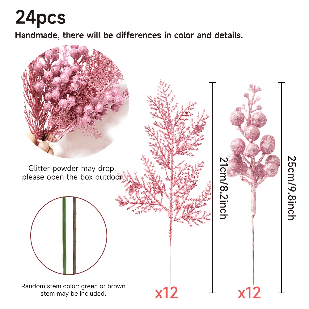 Image of 24pcs Random Stem Color Pink White Glitter Artificial Branches Set, 12 Artificial Cedar Picks And 12 Berry Picks For Christmas Tree, Wreath, Vase Centerpieces, Diy Holiday Decorations