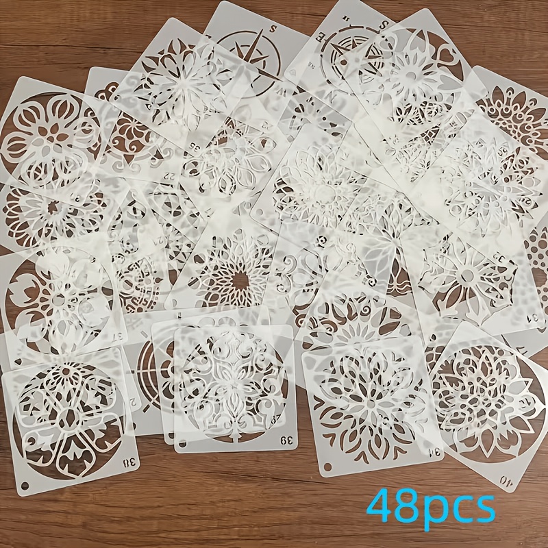 TEMU 48 stencil mandala adatti per , pittura su pietra e scratch art - Template riutilizzabili in PET con design traforati, fogli colorabili lavabili