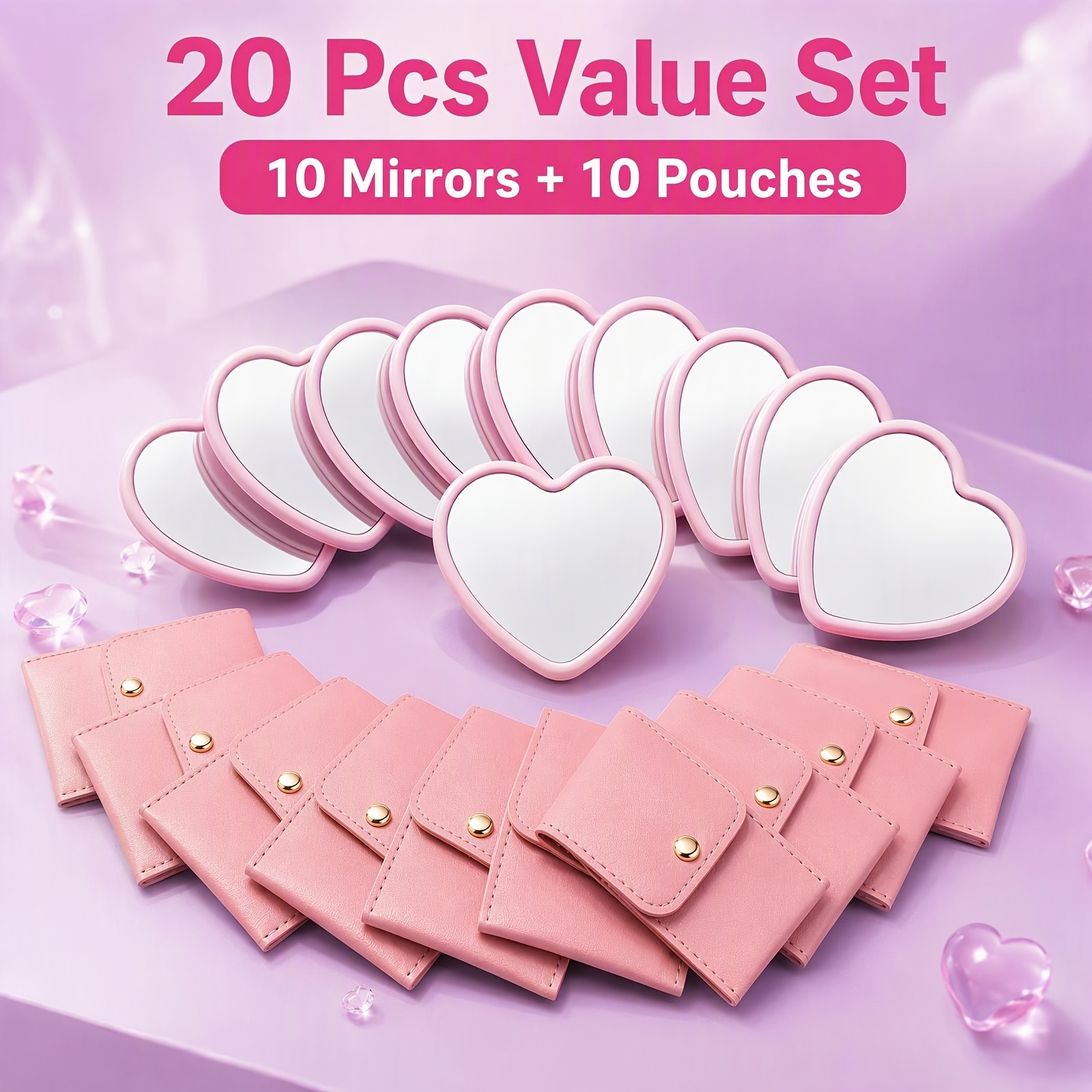 TEMU Miroirs de Cosmétique de cœur et sacs à cosmétiques, miroirs de Cosmétique en verre rose avec des sacs à cosmétiques , adaptés aux voyages, à la