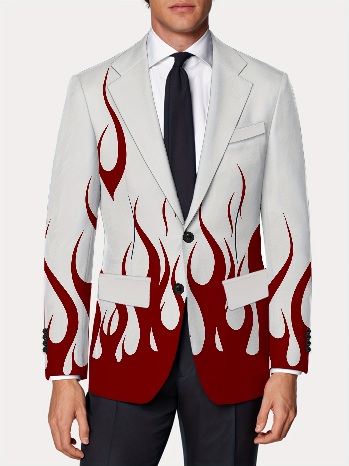 *'s Contrast Color Fire Pattern Notch Lapel Collar Two Button Suit Jacket  For Party Wear, Male's Fashion
