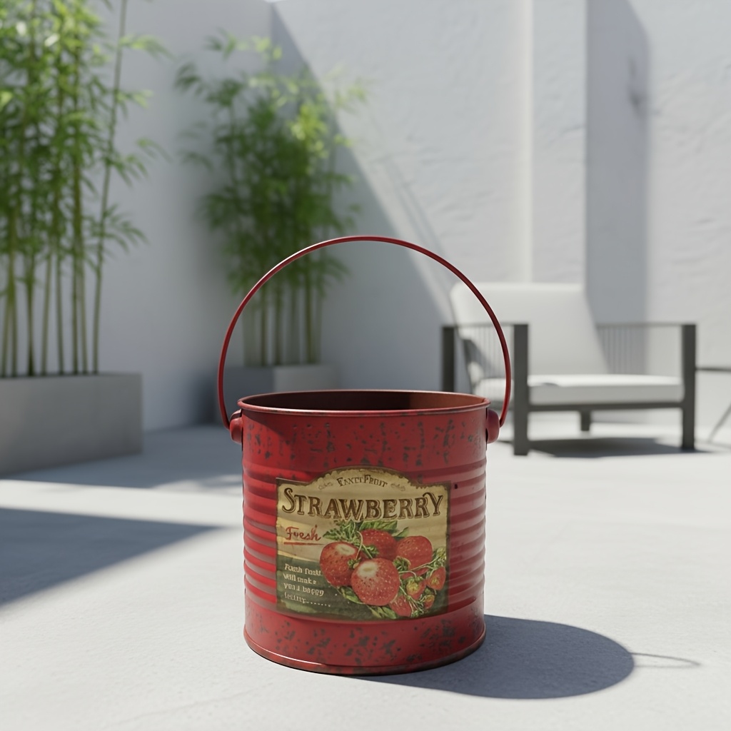 TEMU Gardening Sundries Decorative Potted Iron Flower Box Fruit Print Iron Can Small Bucket Pastoral Style Decorative Flower Bucket Villa Courtyard