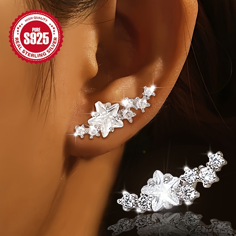 

Elegant 925 Sterling Silvery Star Stud Earrings With Sparkling Zirconia - Hypoallergenic, Perfect For Casual Attire & Gifting