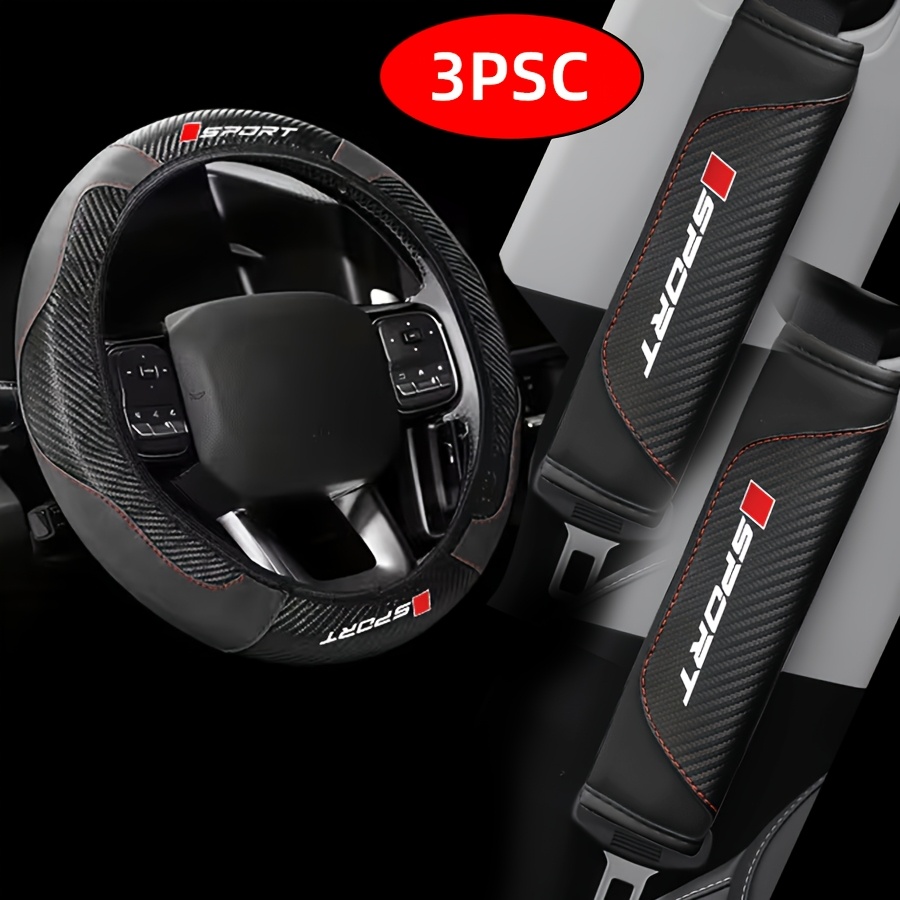 TEMU 3pcs Sport-print Carbon Fiber Pattern Car Interior Set, Including 1 Steering Wheel Cover And 2 Armrest Covers, Sporty Car Interior, In Multiple