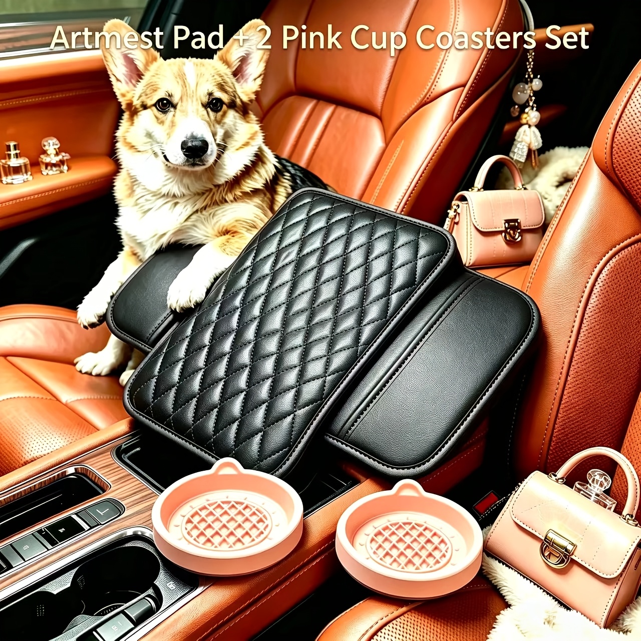 TEMU Car Armrest Box Pad Set (1pc Armrest Pad + 2pcs Coaster), Pu Leather Storage Pad, Multiple Colors