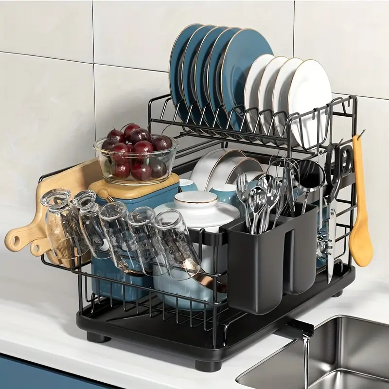 2 tier dish drying rack with drain board cutlery holder cutting board cup holder kitchen counter hooks rust proof large dish drain rack black Product details 1
