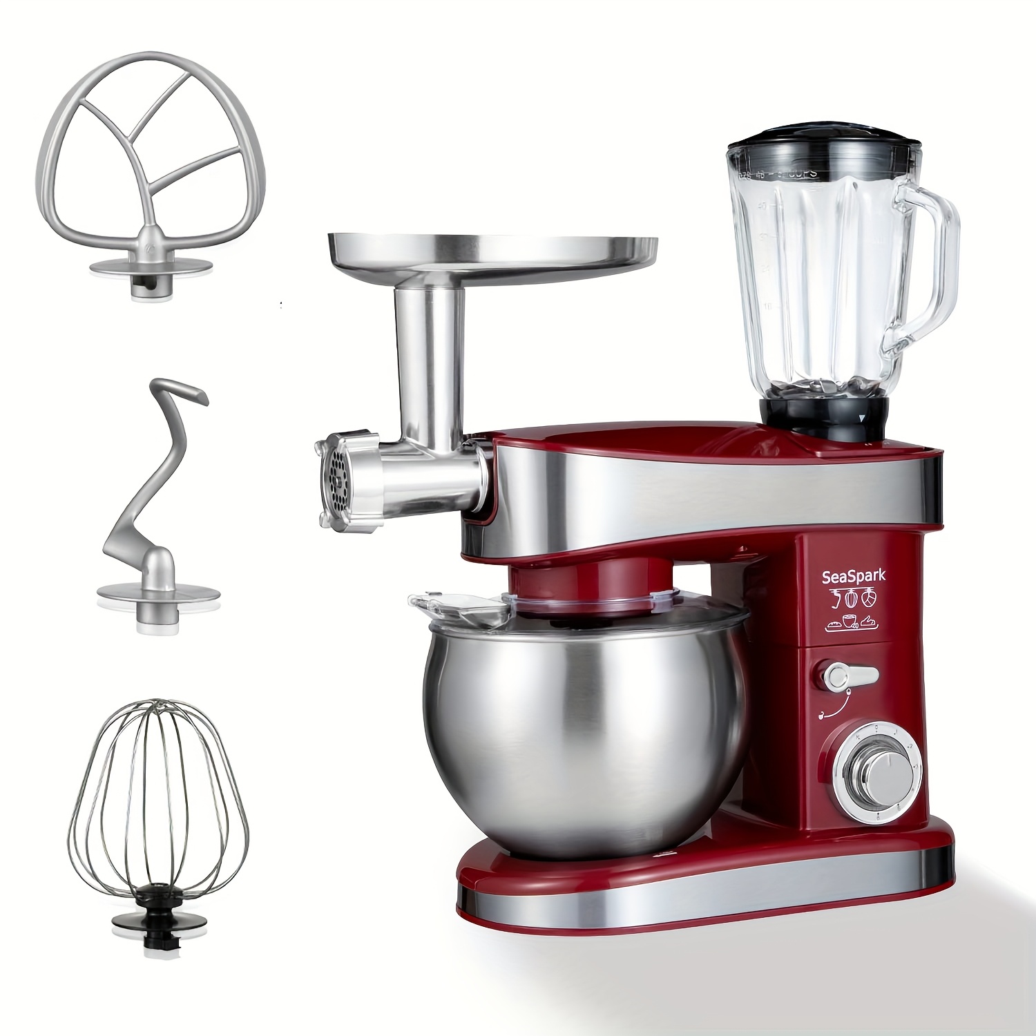 Image of Household Vertical 6-in-1 Mixer, 6-speed 6.3qt Kitchen Food , Equipped With Mixer, Dough Hook, Egg Beater, Spatula, Meat Grinder And Juicer Accessories, Red