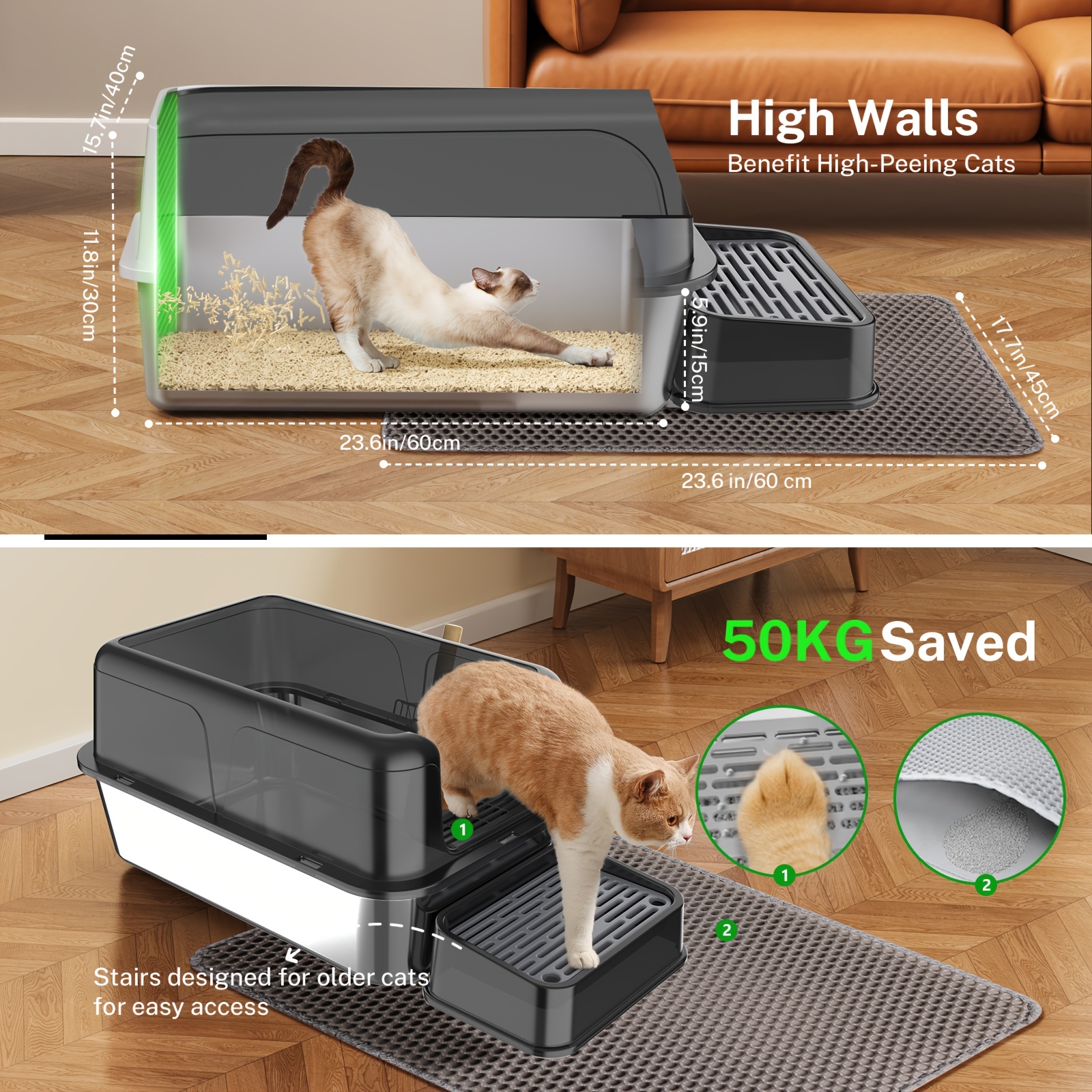 Image of Xxl Stainless Steel Cat Litter Tray Set: 32l Large Capacity With Detachable Enclosure, With Xxl Cat Litter Mat, Metal Scoop And Stairs For Senior Cats - Suitable For All Cats