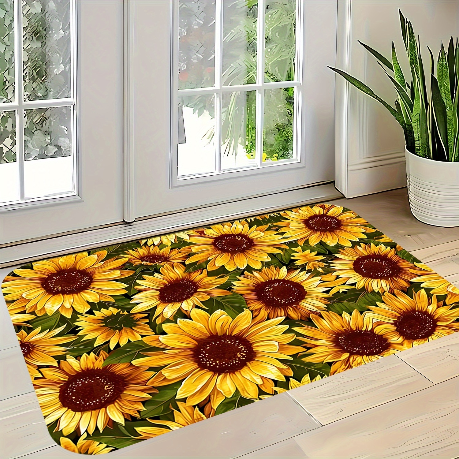 

Vibrant Sunflower Pattern Door Mat - Non-slip, Washable Flannel Mat With Brown & Green Leaves - Bathroom, Living Room, Bedroom, Kitchen, Office, And Vacation Home Decor, Sunflower Bathroom Decor