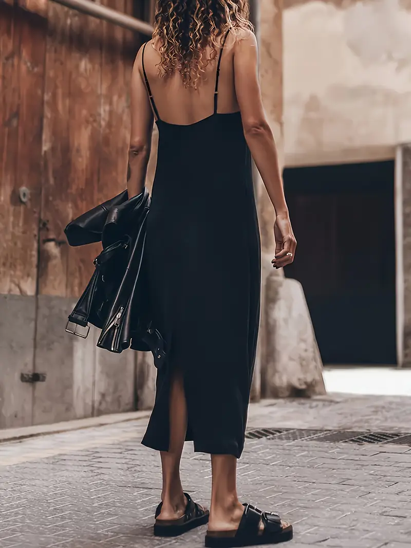 black long v neck camisole dress slit design adjustable - Temu Mauritius black long v neck camisole dress slit design adjustable - Temu Mauritius