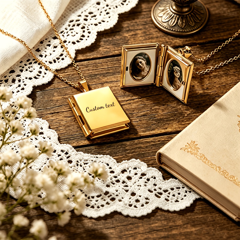 Personalized Stainless Steel Square Photo Locket Pendant Necklace