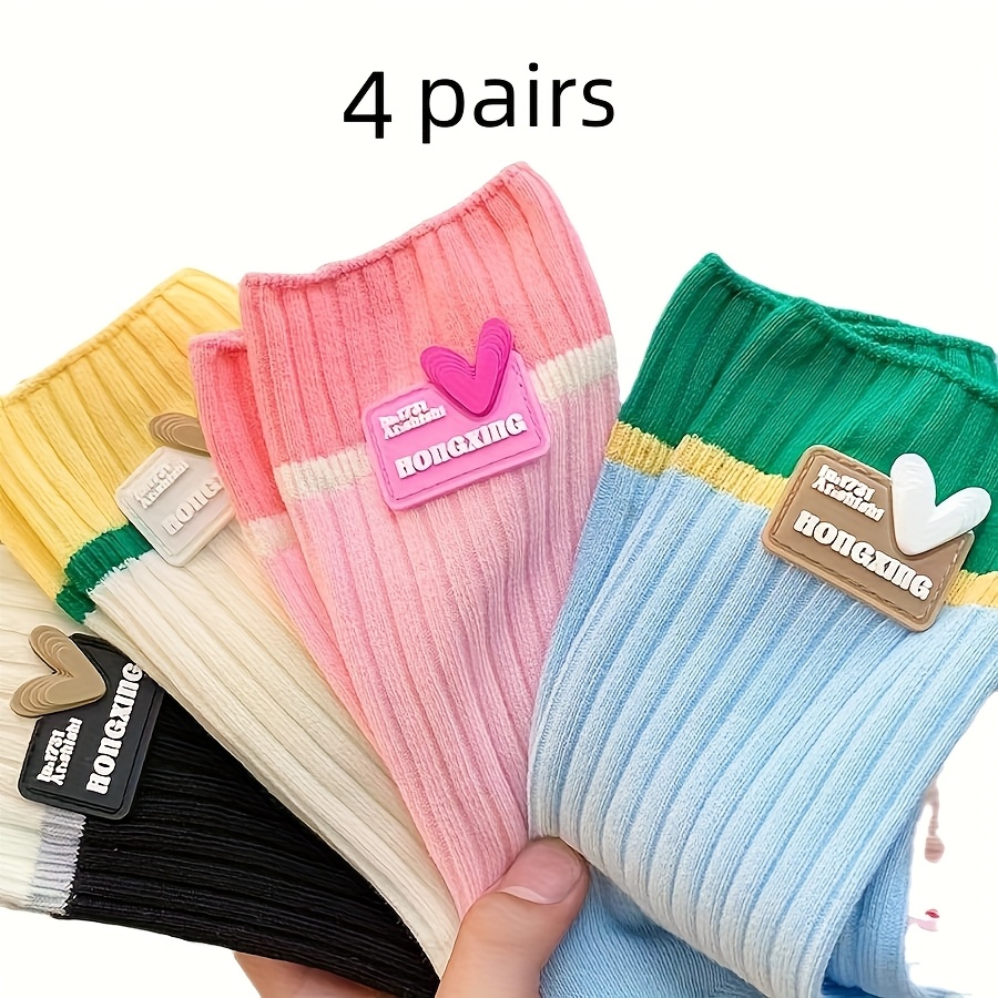 4 Pairs Women's Spring Autumn Winter Versatile Sweet Heart Label Mid-calf Socks