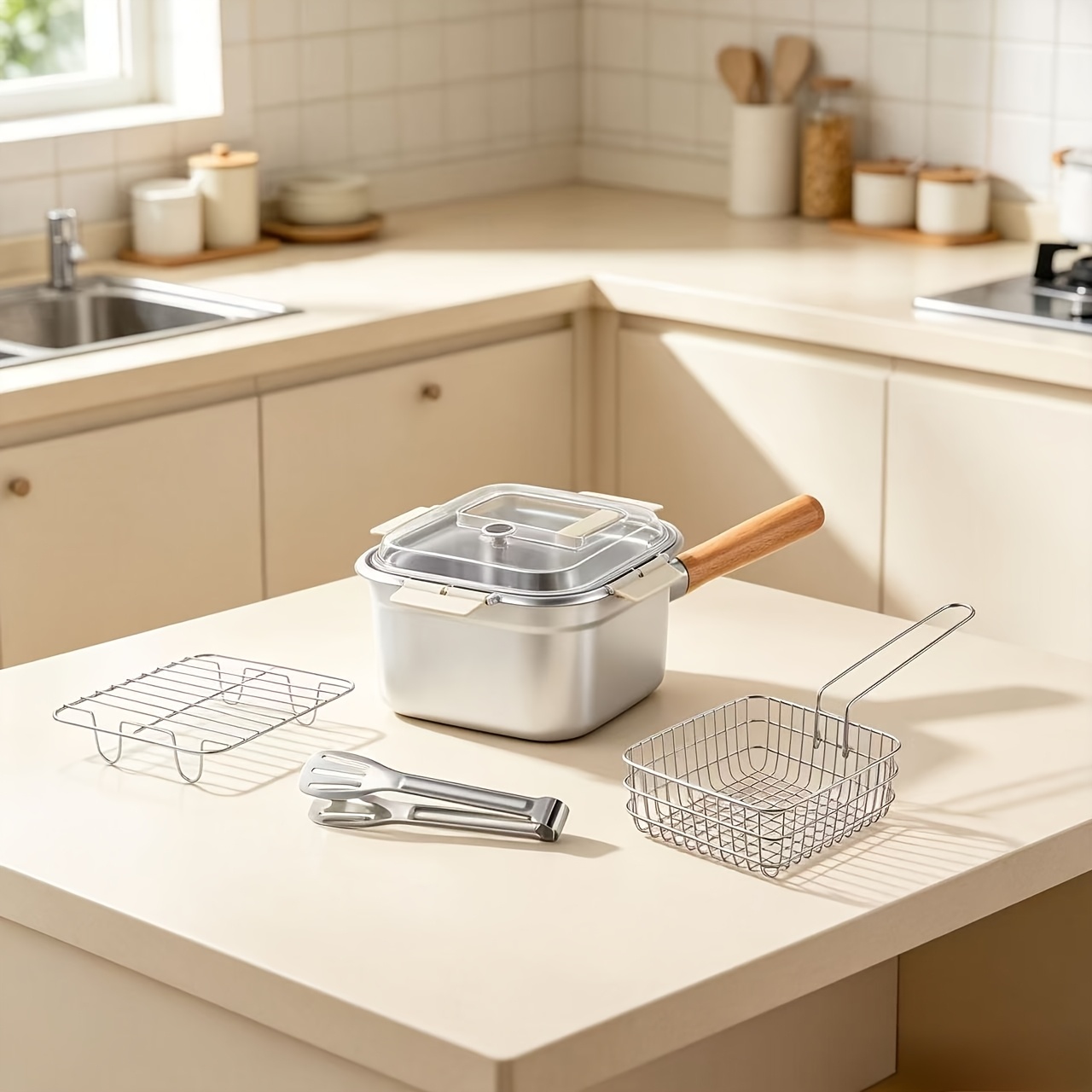 TEMU Multi-piece Stainless Steel Deep Fryer Set Made Of Thick, Durable, And Safe Fryer Pan Ideal For Frying Milk, Noodles, And Large Capacity