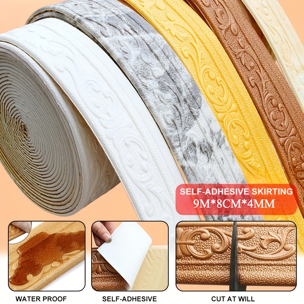 

Self-adhesive Pvc Skirting Wall Tape - 9-meter 3d Embossed Frame Wallpaper Sticker, Waterproof Decorative Trim For Home & Workshop