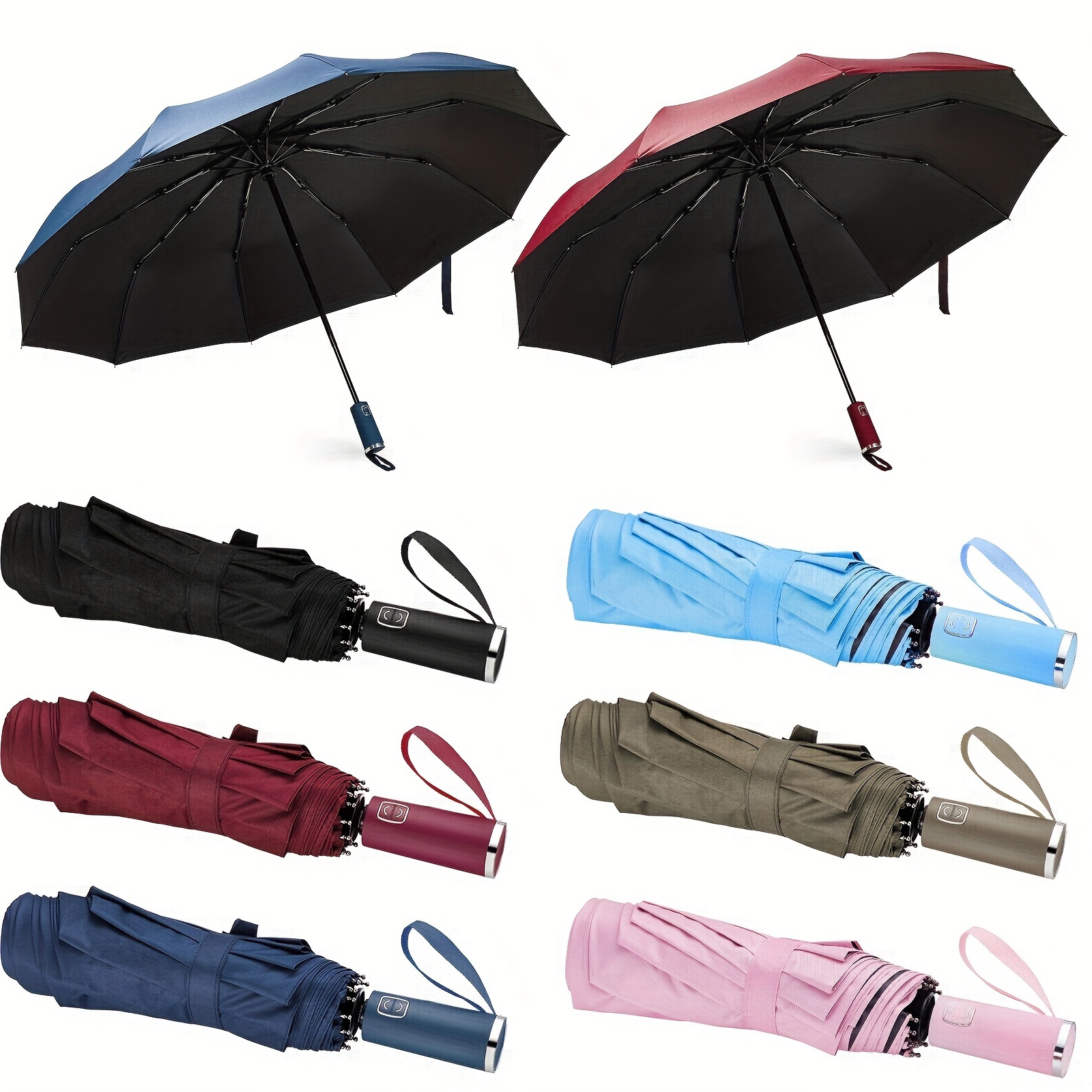 

6 Pcs Windproof Travel Umbrellas 10 Ribs Auto Open & Close Collapsible Folding Compact Umbrella For Rain