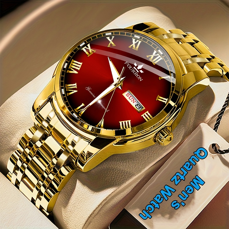 Image of 1pc Fourron Brand Fashion Men's Quartz Watch Stainless Steel Strap With , Roman Disc Luminous Luxury Men's Wristwatches, And Relatives Birthday Gifts, Holiday Party Gifts