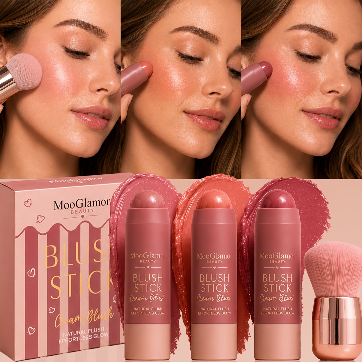 TEMU 3pcs Cream Blush Stick Set, With Soft Brush, 3-in-1 Multi-functional Makeup Stick, Suitable For Cheeks, Lips, And Eyes, Long-lasting And