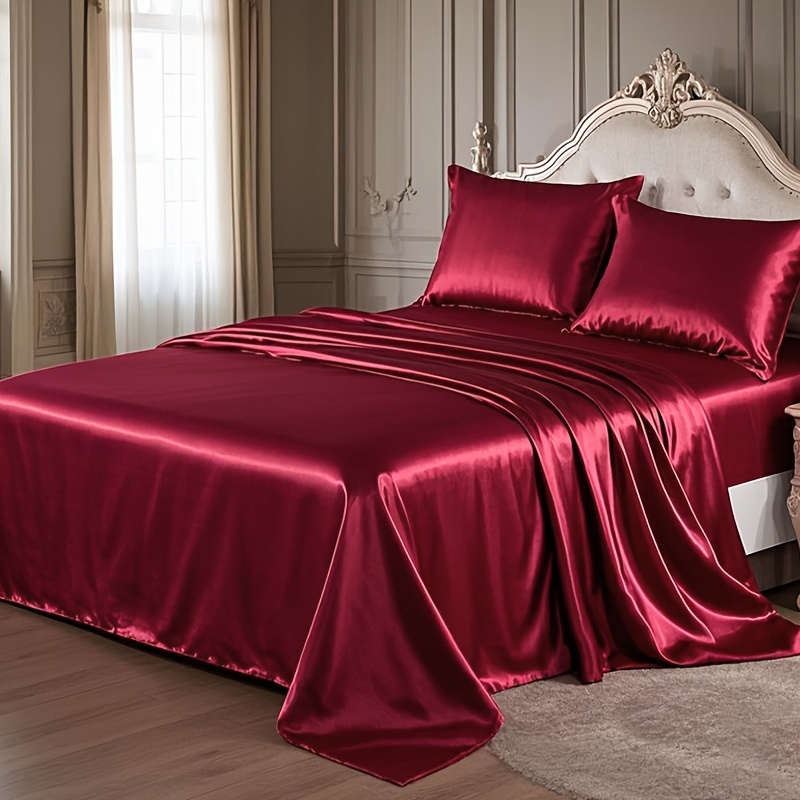 4pcs Comfort Satin Sheet Set - All-Season Versatile Non-Shrink, Ball-Free Machine Washable Luxury Fitted Sheets Soft and Smooth Bedding for Bedroom and Guest Room 1 * Flat Sheet + 1 * Fitted Sheet + 2 * Pillowcases