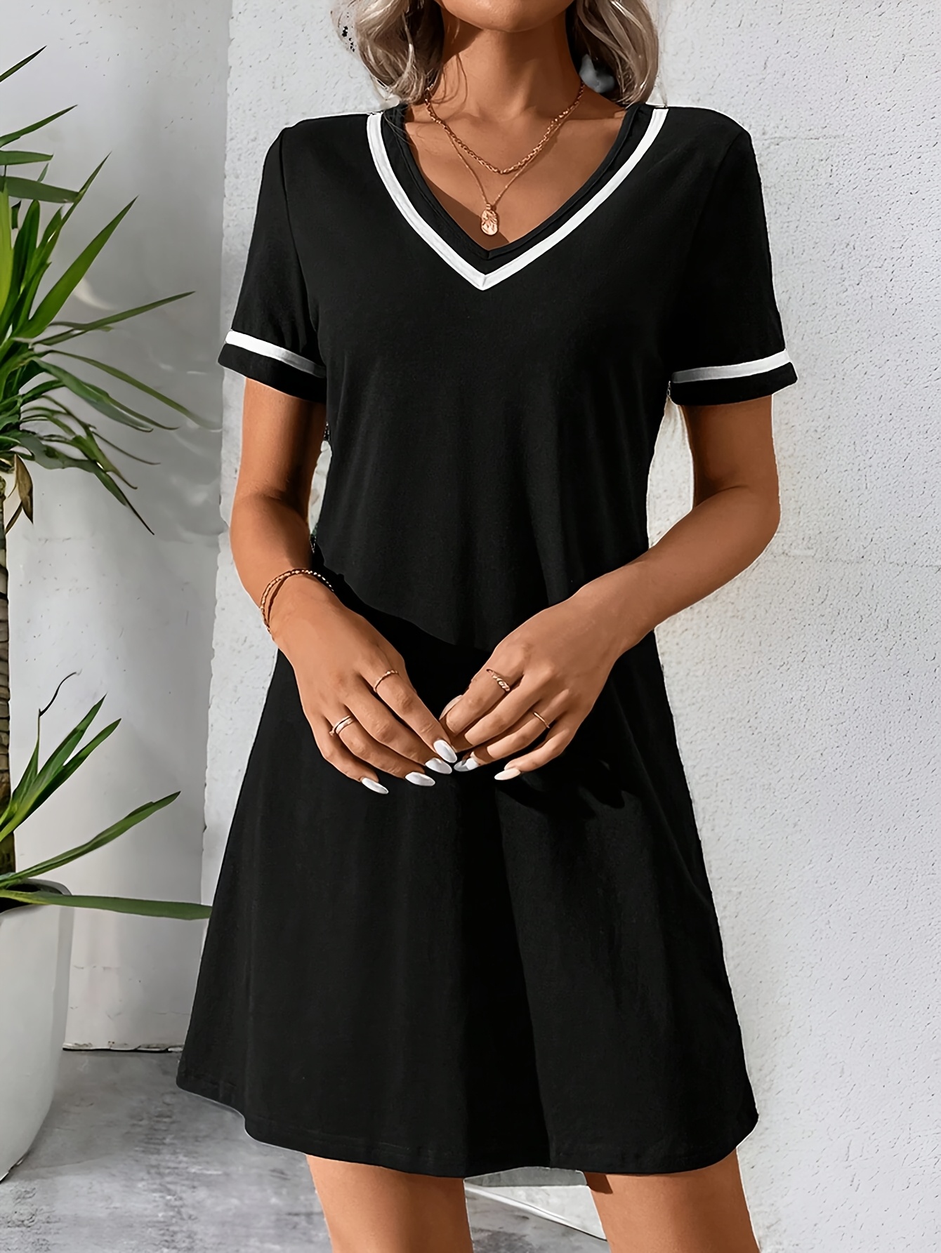 womens black v neck dress a line summer dress pockets - Temu United Arab  Emirates