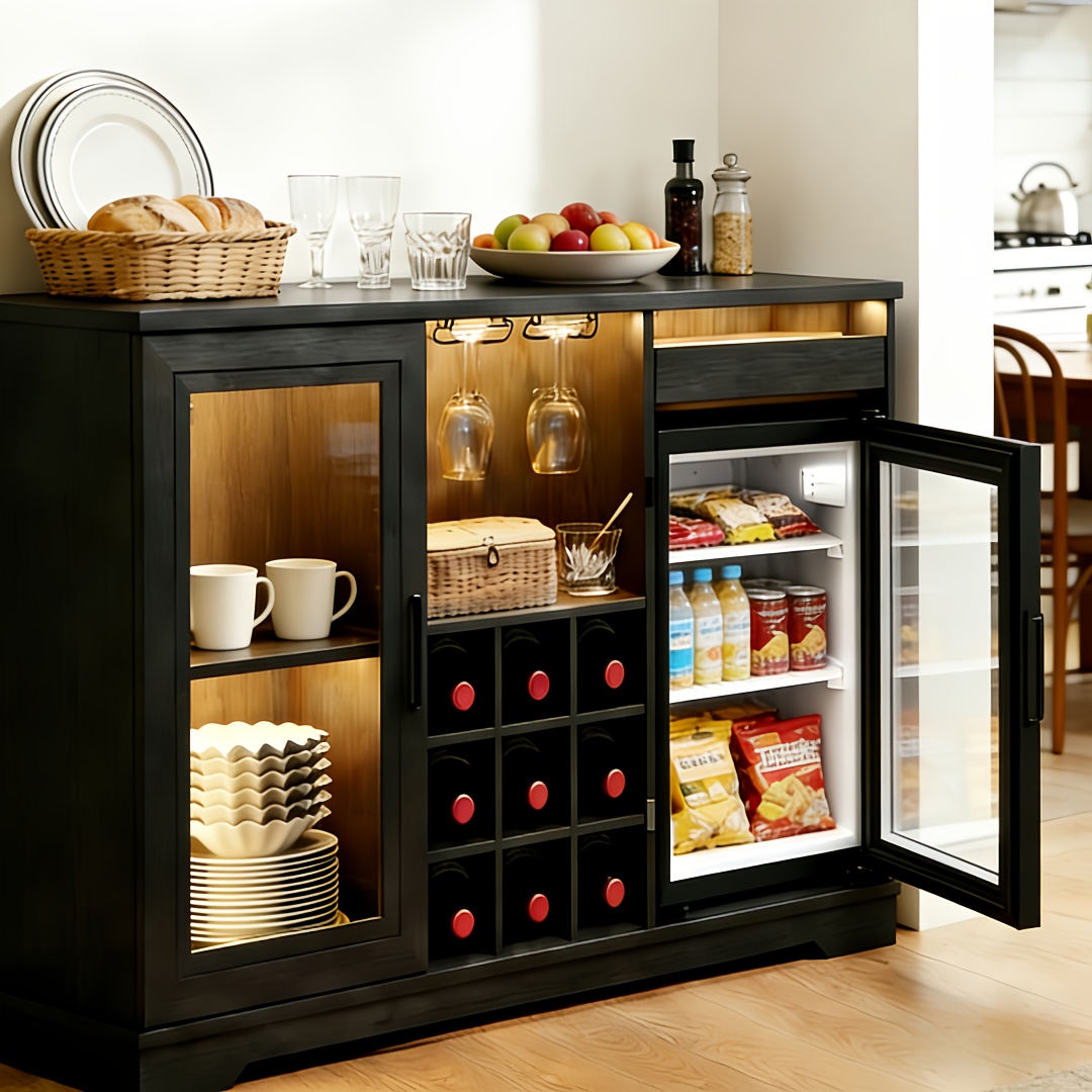 Home Bar Cabinet with Mini Fridge & LED Lights | Modern Liquor Cabinet
