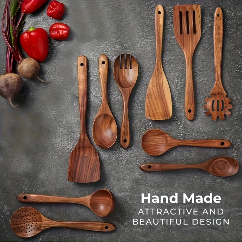 10/6/4pcs Natural Teak Cooking Utensil, Ergonomic Handles, Non-Porous Surface, Elegant Kitchen Gift - Durable and Easy to Clean, Natural Teak Grain, Suitable for Daily and Special Use, Kitchenware, Heat-Resistant Utensils.
