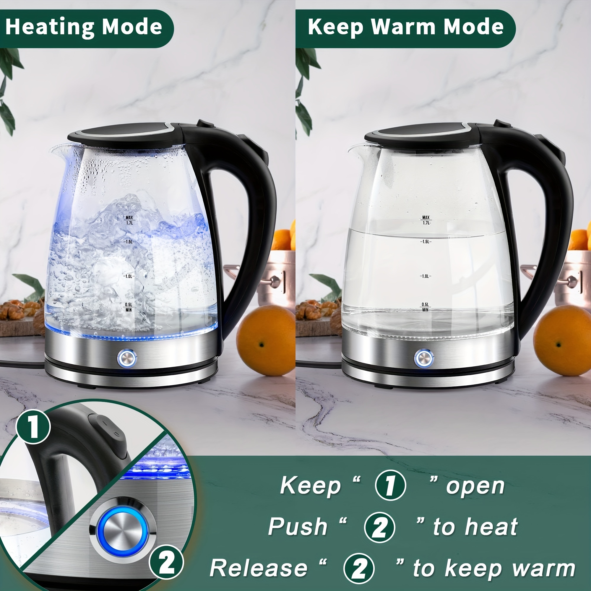 susteas electric kettle with keep warm 1 7l glass water boiler with wide opening led indicator auto shut off and boil dry   9480 details 1