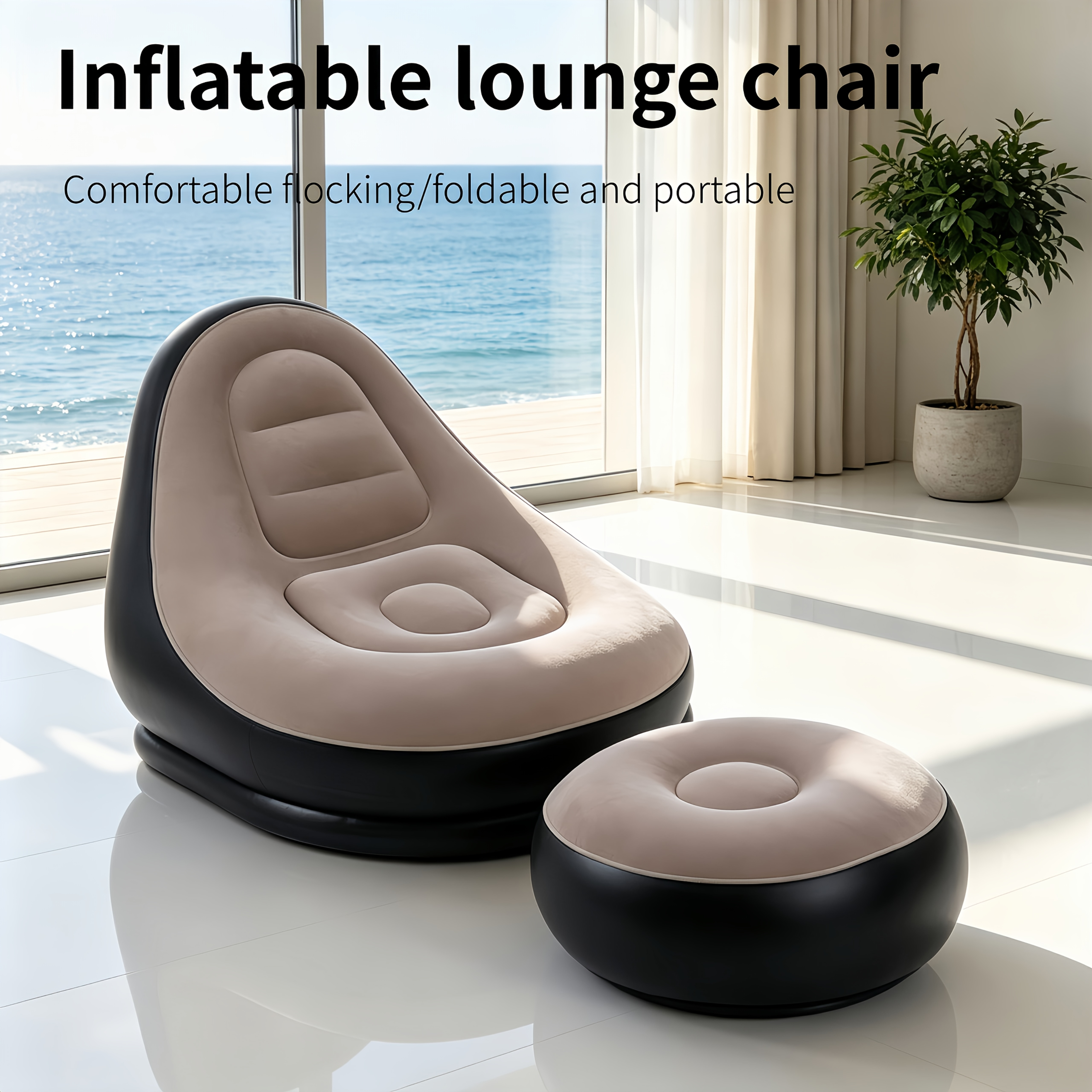 Image of Flocked Surface Outdoor Inflatable Sofa With Footrest Cleaning Cloth, Ottoman Lounger And Chair, Ideal For Game Rooms, Office , Travel, And Camping