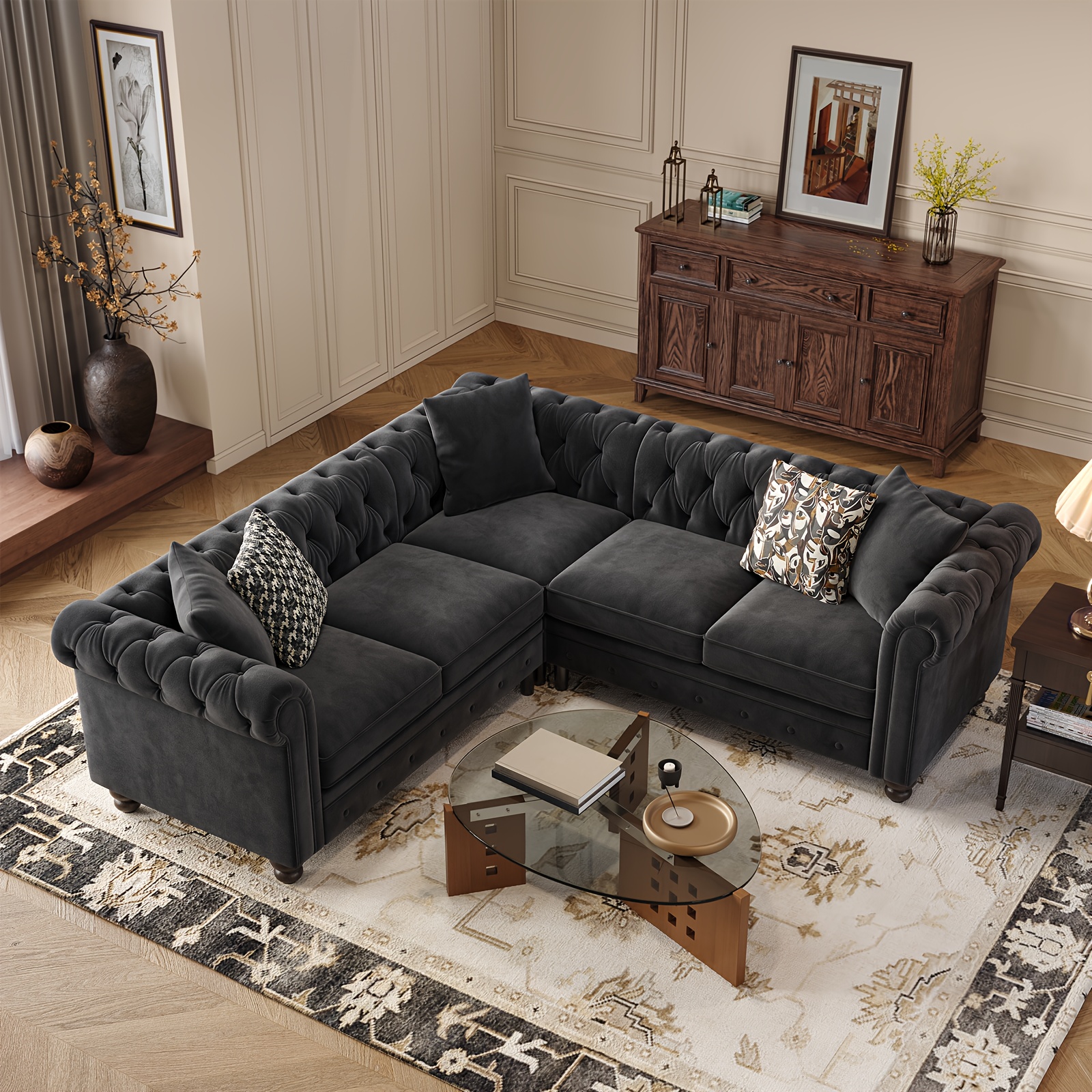 1pc Luxurious Green Velvet Chesterfield L-Shaped Sectional Sofa with Tufted  Corner Design, Rolled Plush Throw Pillows Spring Seat Cushion