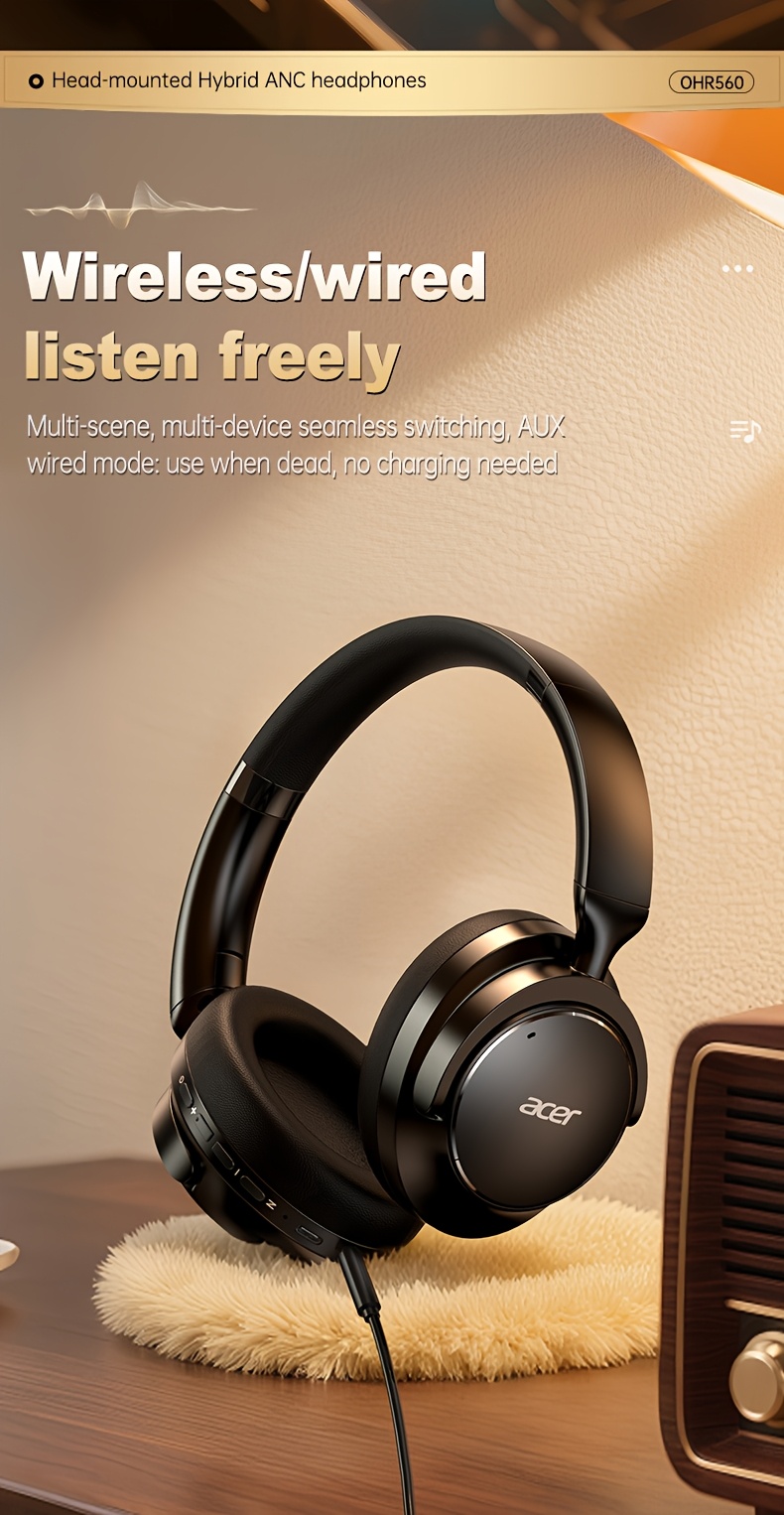 Casque sans fil Acer Ohr560 | Circum-aural avec suppression du bruit ANC, conception d'oreille à couverture complète, pliable, microphone à condensateur intégré, son stéréo Hi-Fi, réduction du bruit des appels HD ENC, compatible avec câble audio 3,5 mm, chargement USB