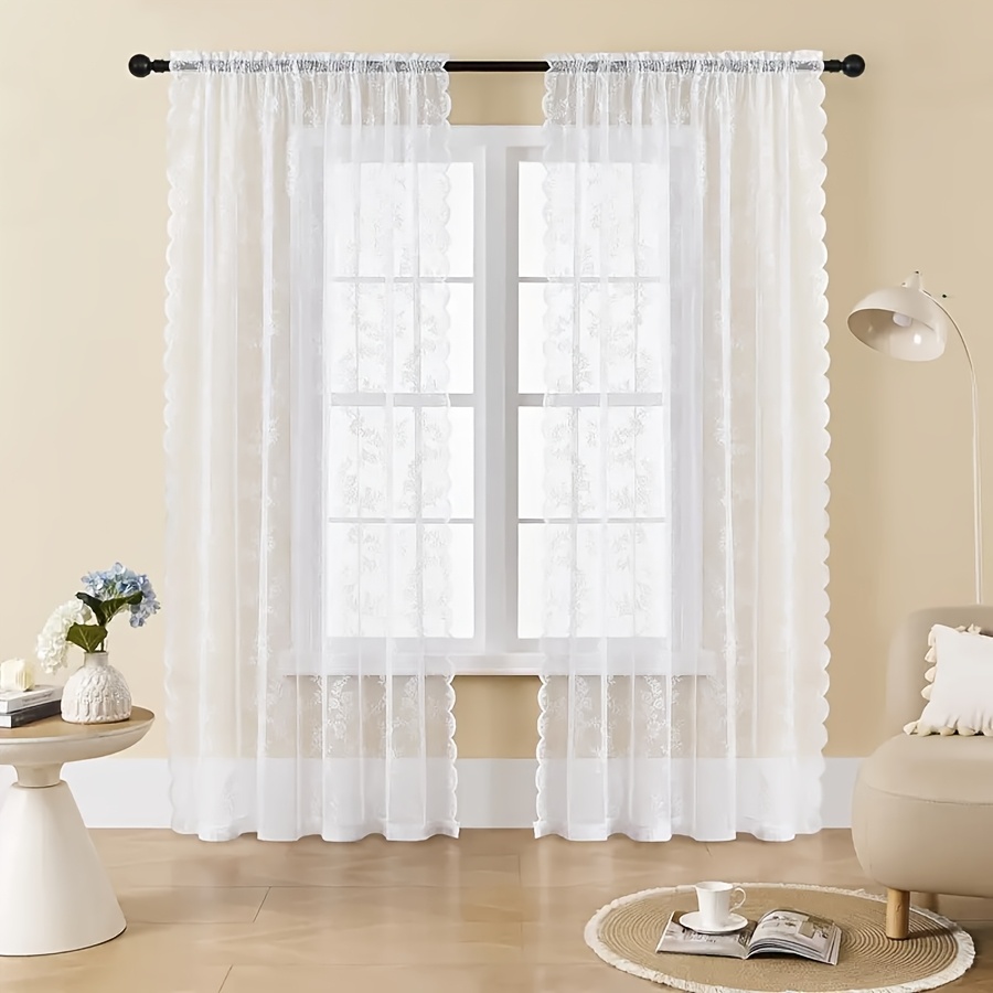 TEMU A Lace Door Curtain Made Of , Featuring Wavy Lace Design, Suitable For Home Use As A Semi-blackout Option, Designed To Be Hung On A Pole Through