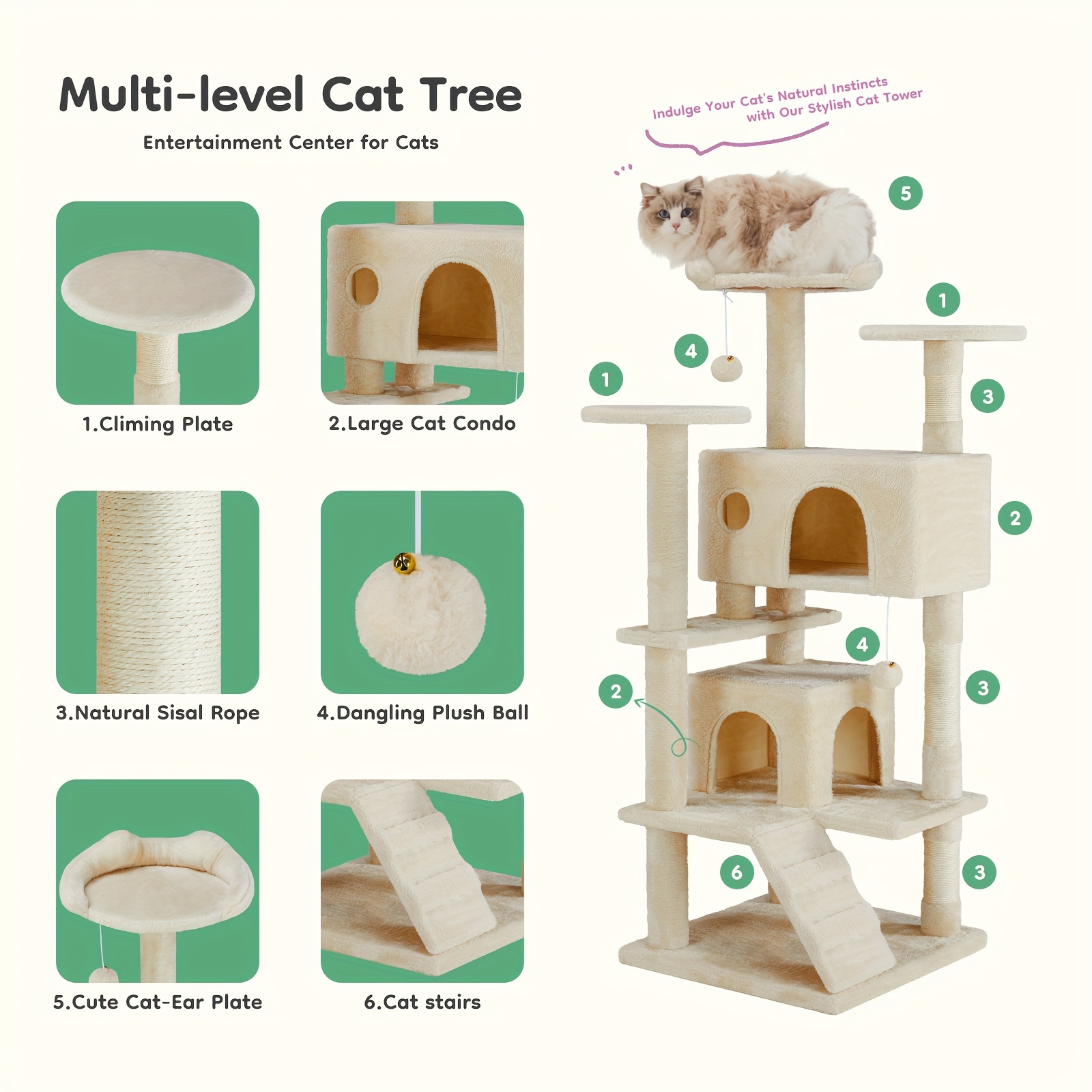 

Dumos, 1pc Cat Tree, Indoor Cats Tree Tower, 54in Multi-level Cat Tree, House Condo, Sisal Scratching Post, 2 Large Cave, Climbing Plate, Plush Ball