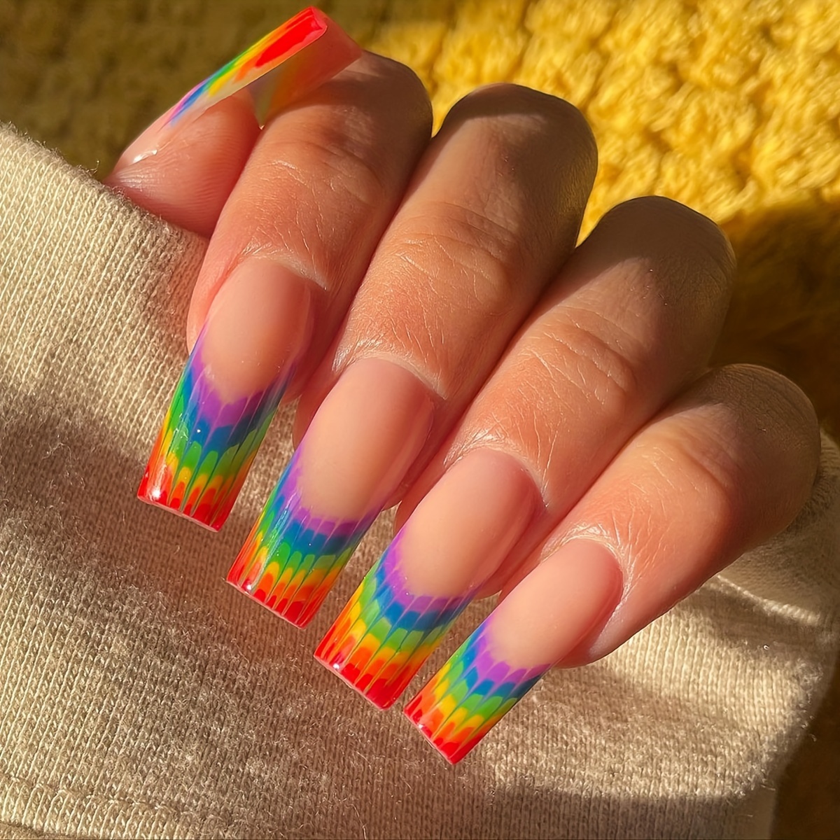 summer press on nails rainbow french style fake nails long ballet false nails personality cool acrylic nails details 0