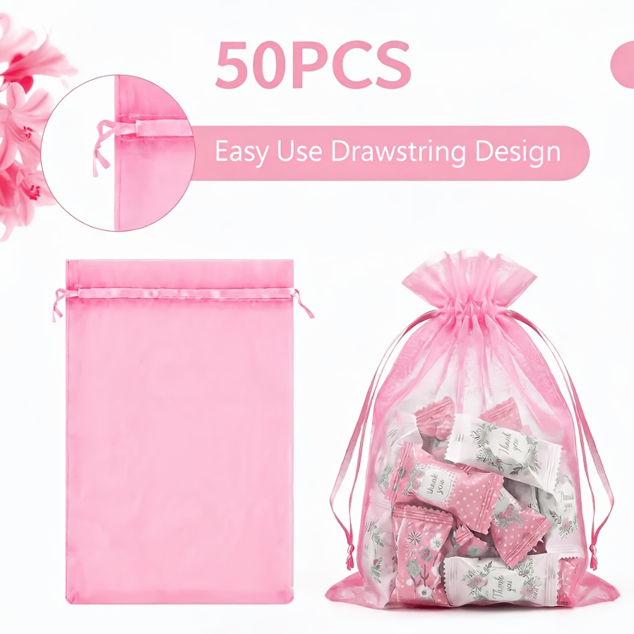 TEMU Sachets en Organza Rose 5x7 pouces, Petits Sacs Cadeaux en Filet à Cordon de Serrage | Petits Sacs à Bijoux pour Fête de Mariage, Mini Sacs à