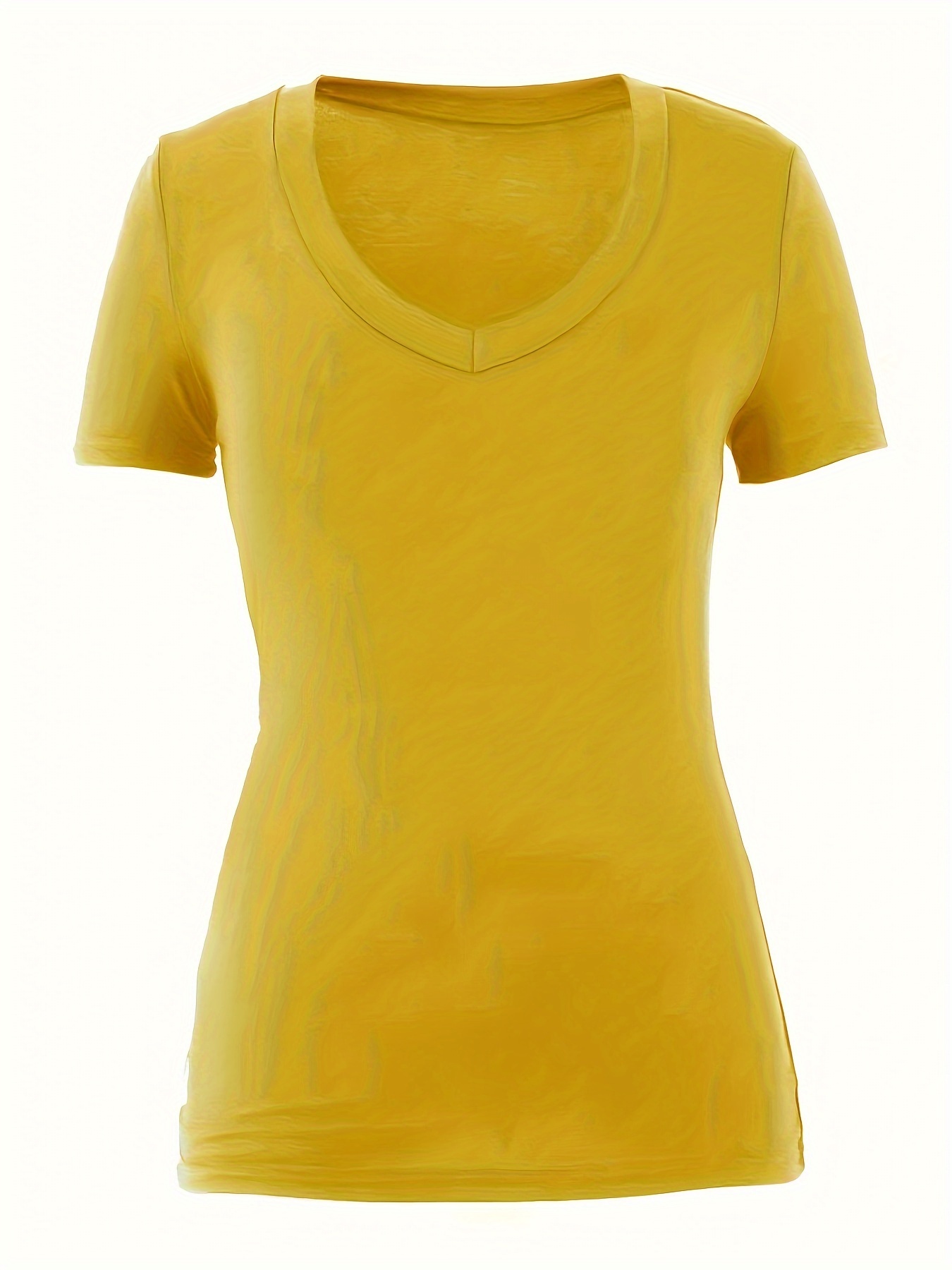 Plus Size Women's Vibrant Yellow Deep V-Neck Short Sleeve T-Shirt - Casual Stretchy Top, Machine Washable for Spring Summer Fall, Ladies T Shirts