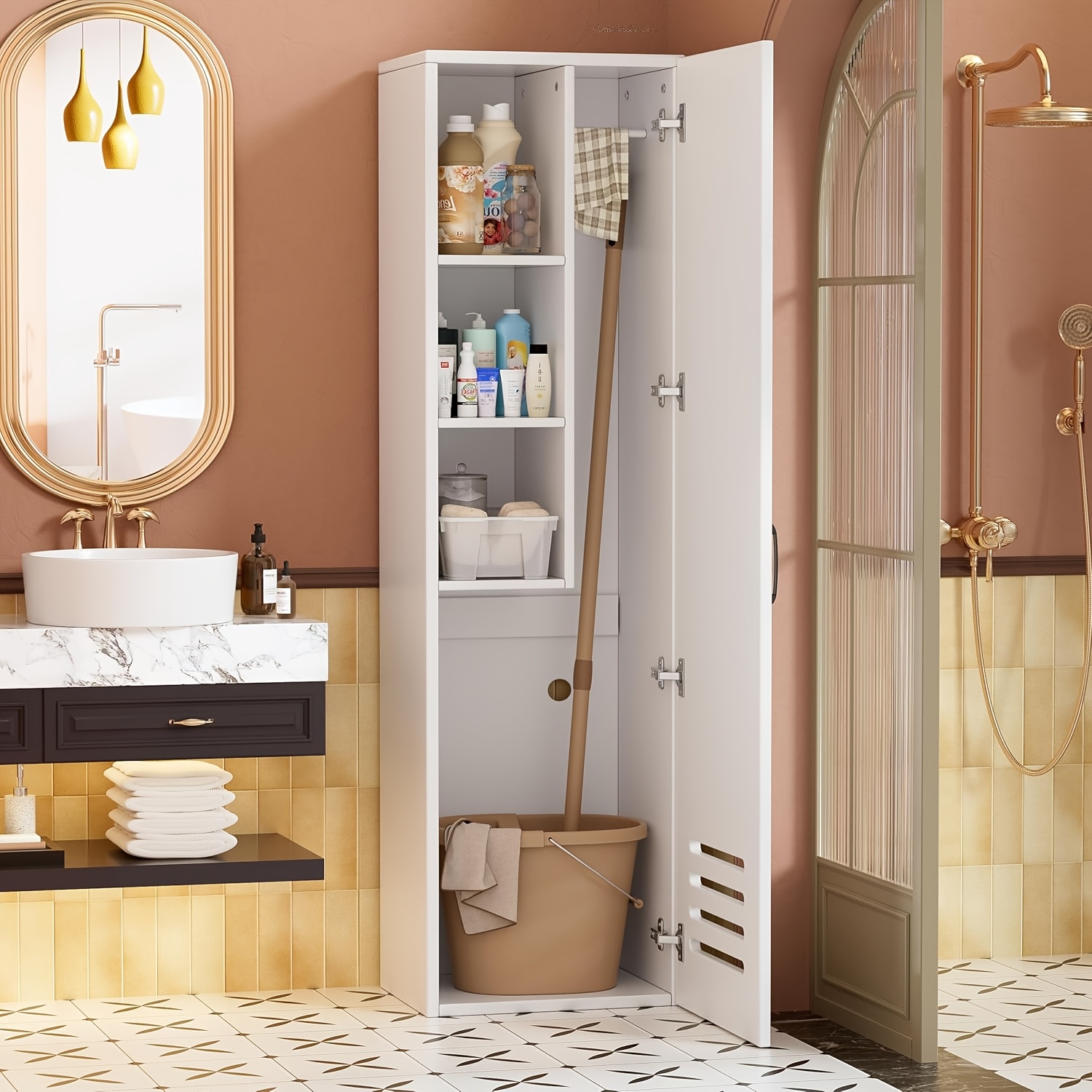 Modern Narrow -standing Cleaning Cabinet With - Storage Suitable For Vacuum Cleaners, Brooms, Mops & Cleaning Tools, Space- Narrow Cabinet With Flat Door, Assembly, White