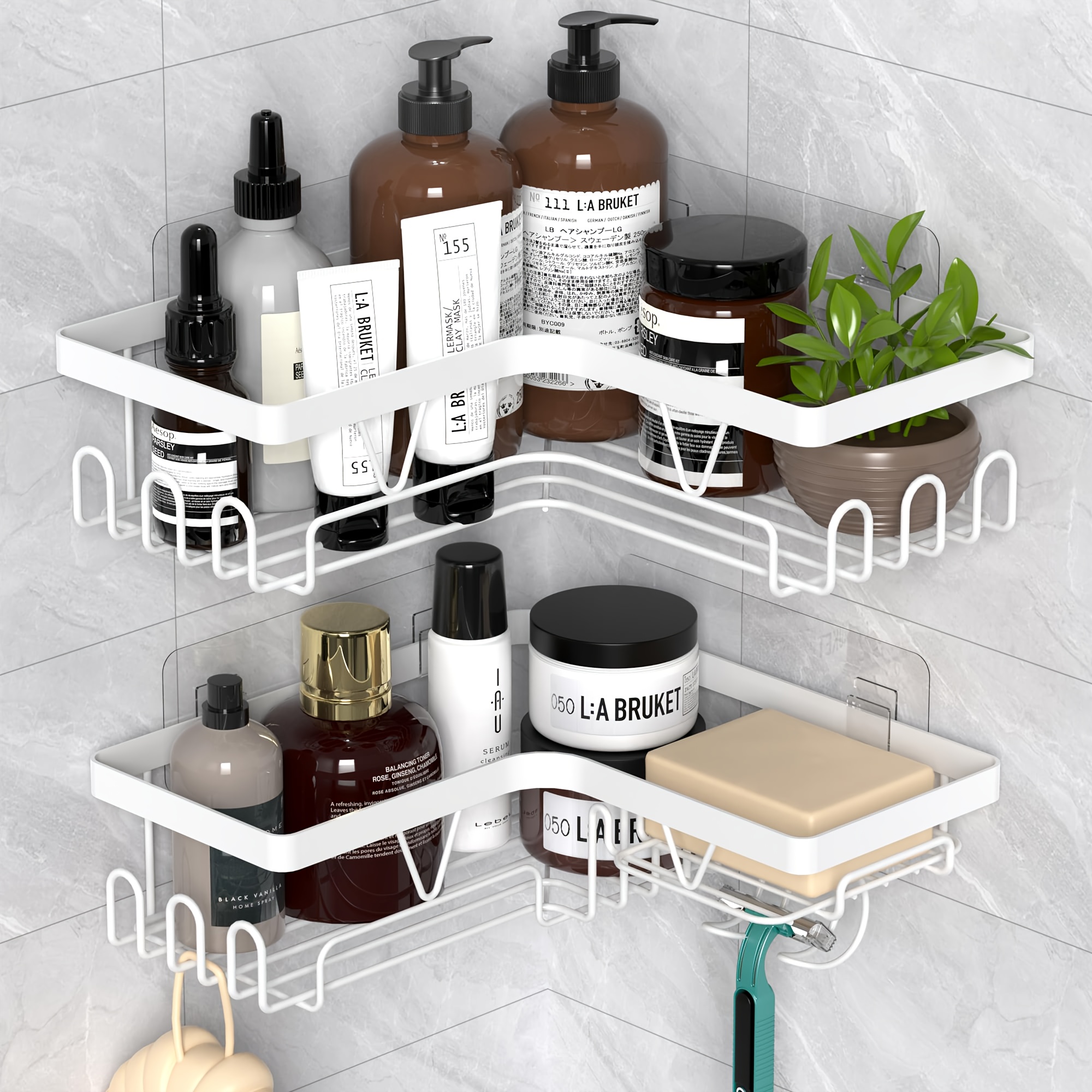 TEMU Corner Shower Caddy 3-pack, Self Adhesive Wall Mounted Shower Shelf With Soap Holder And Hooks, Large Capacity, No Drilling, Rustproof Shower