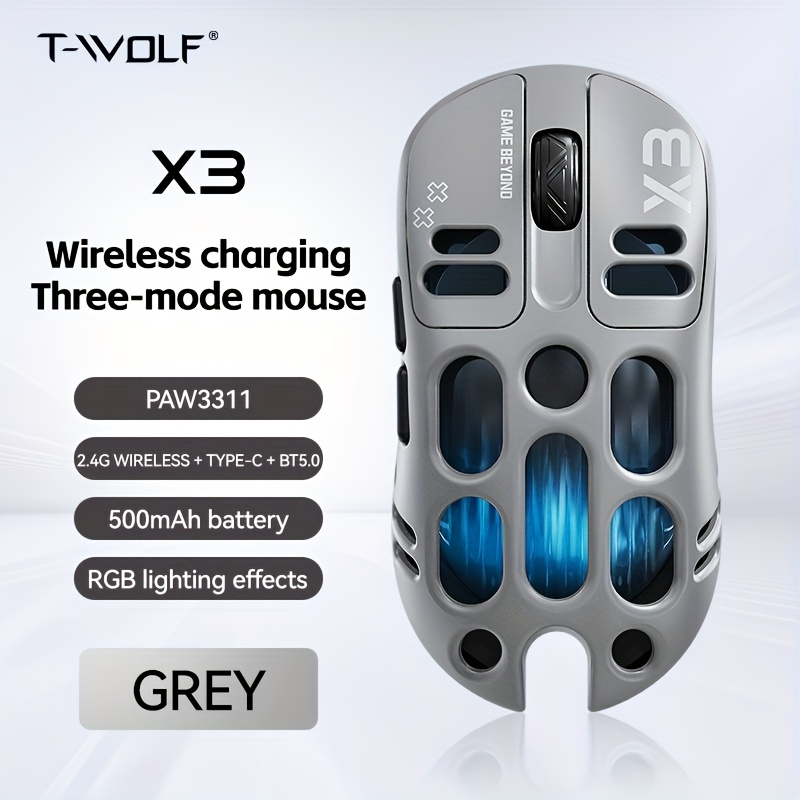 wolf x3 gaming mouse - wireless 3-in-1 wireless, rgb lights, dual-color scheme, high-resolution sensor, usb & type-c charging, durable plastic for pc gaming & typing,  , rechargeable battery Product details 3