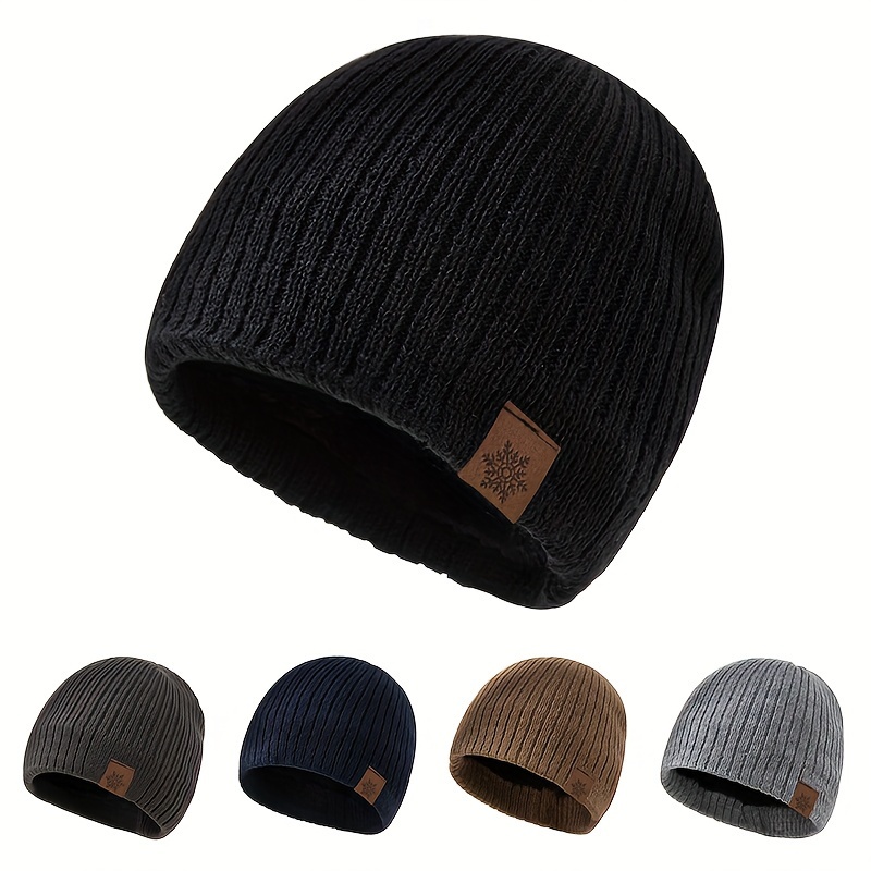 

Makefge Knit Beanie With Stylish Leather Patch - Warm, Casual Ribbed Winter Hat In Black, Navy, Brown, Gray For Skiing, Cycling & Parties, Winter Clothes