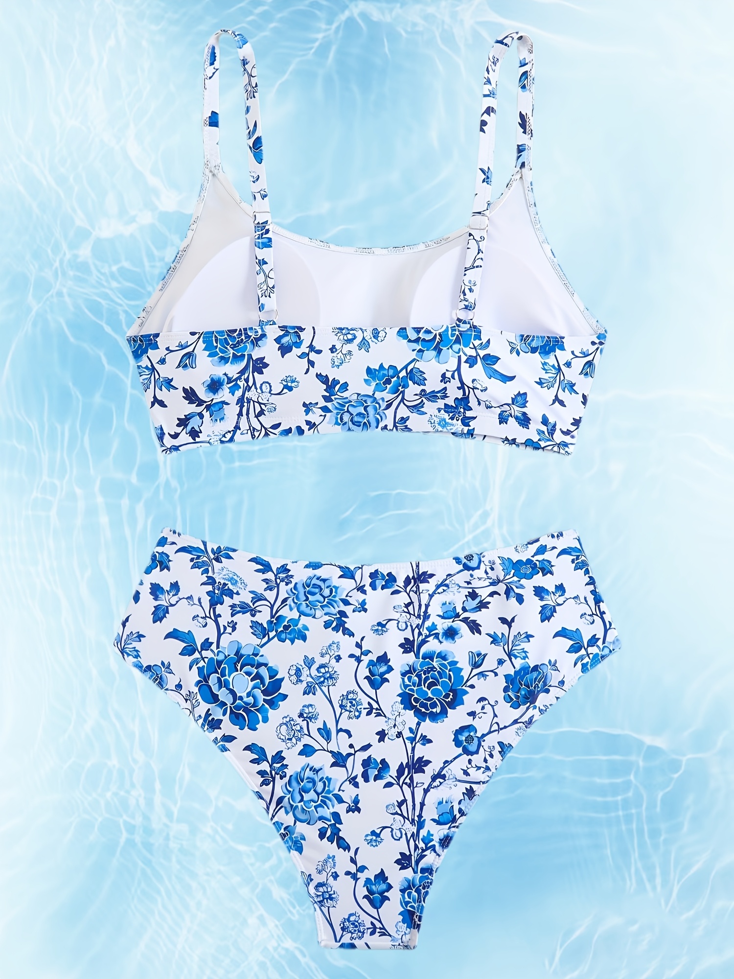 damen bikini in großen größen mit blau-weißem pfingstrosenmuster, zweiteiliger badeanzug mit spaghettiträger und u-ausschnitt, hoher bund, bauchkontrolle, urlaubs-badebekleidung für strand und heiße  