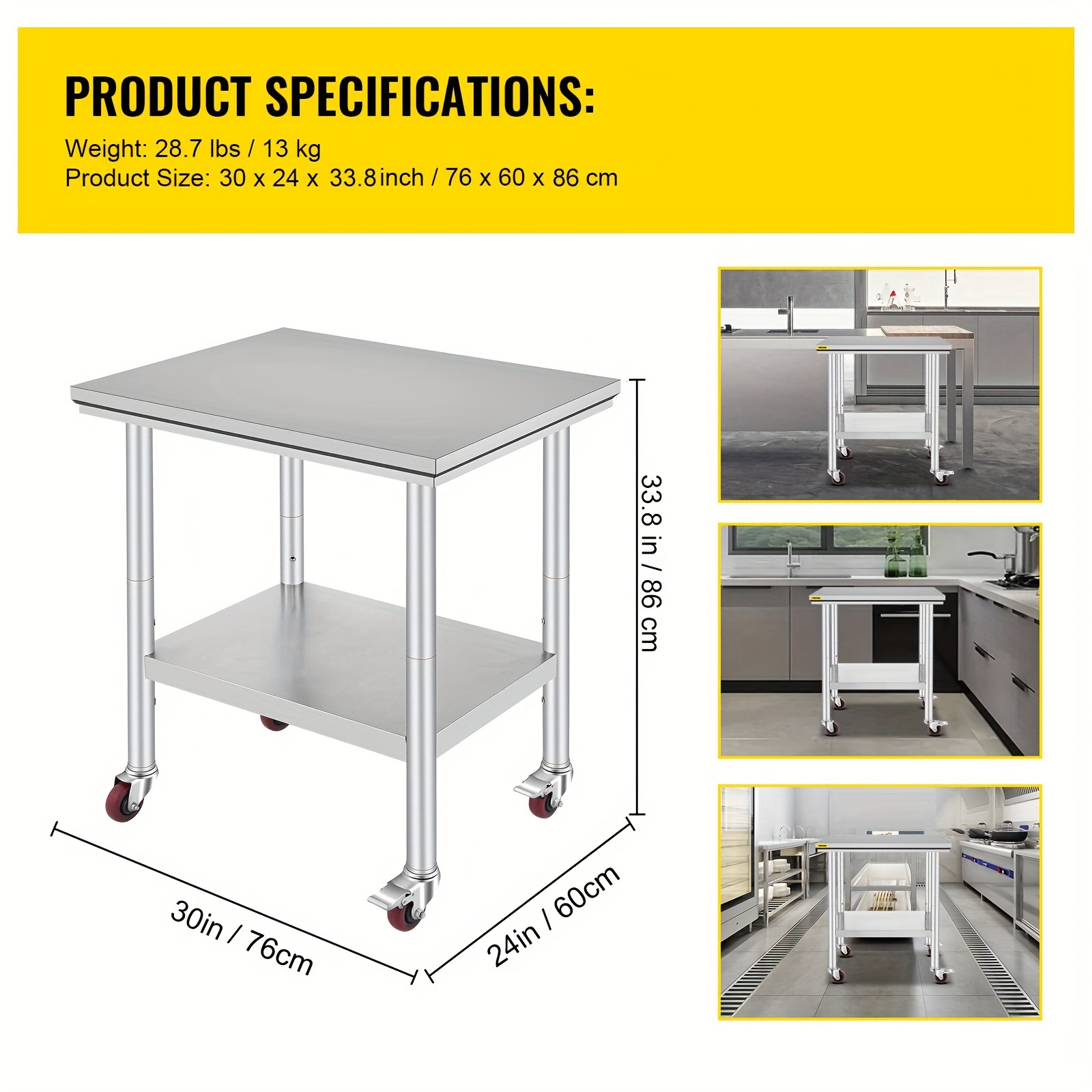 

Stainless Steel Work Table With Wheels 24 X 30/24 X 36 Prep Table With Casters Heavy Duty Work Table For Commercial Kitchen Restaurant Business (24 X 30 X 33.8 Inch)