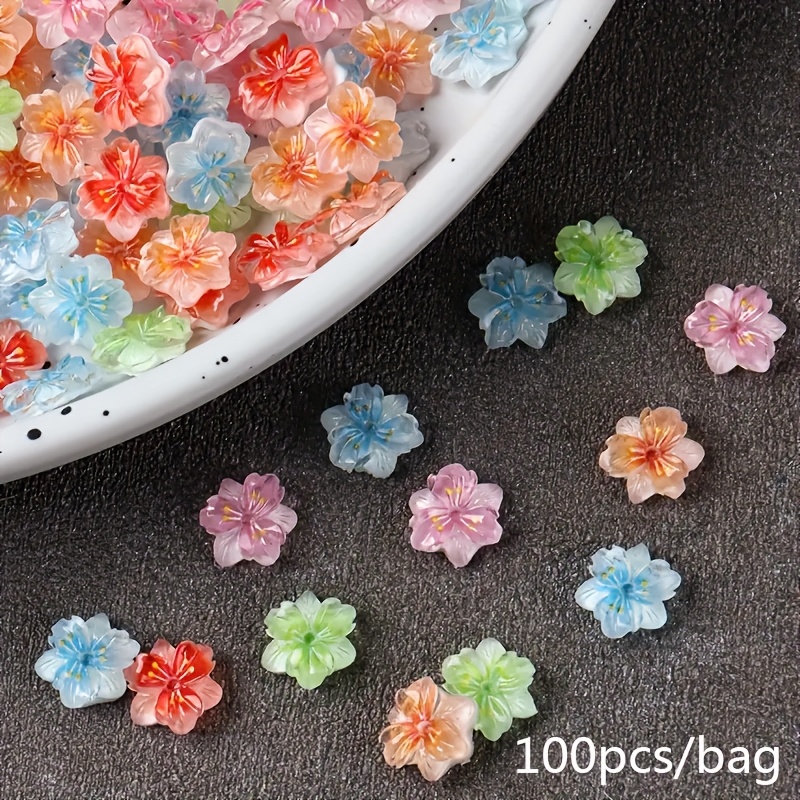 Image of /100pcs Bagged Mixed Color Resin Nail Design Ornaments, 5 Petal Flower Three-dimensional Relief Flower, With Gradient Faint Color Cherry , Unscented, Red, Pink, Green, Blue