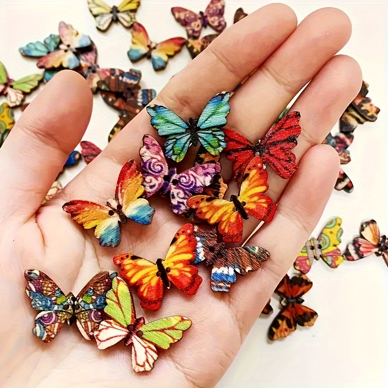 

50pcs Assorted Wooden Butterfly Buttons, Printed Colorful 2-hole Crafts For Diy Sewing And Scrapbooking Decors Mixed Patterns Cute Cartoon Style Accessories