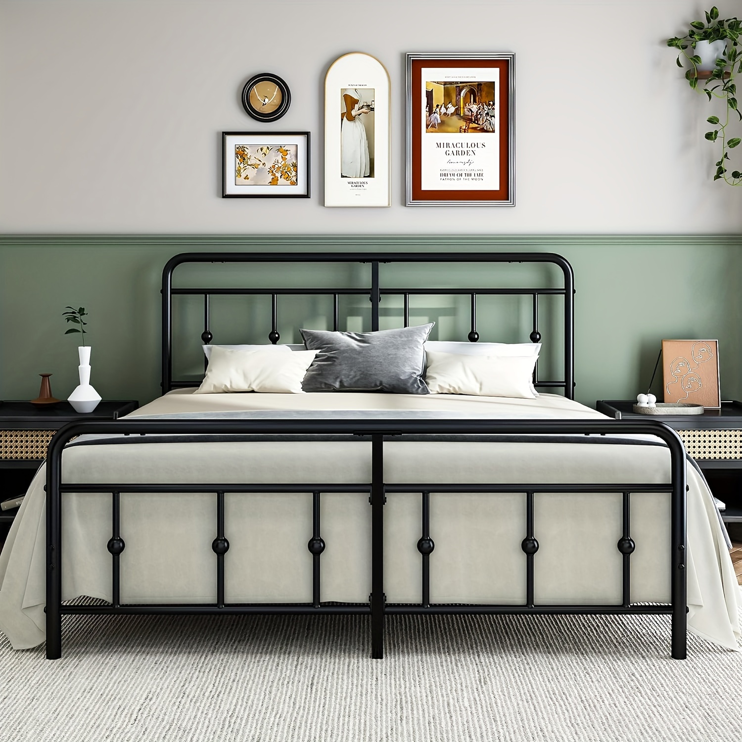 

Metal Bed Frame With Vintage Headboard And Footboard, Victorian Style, Wrought Iron, Under Bed Storage, No Box Spring Needed, Noise Free, Heavy Duty, Black